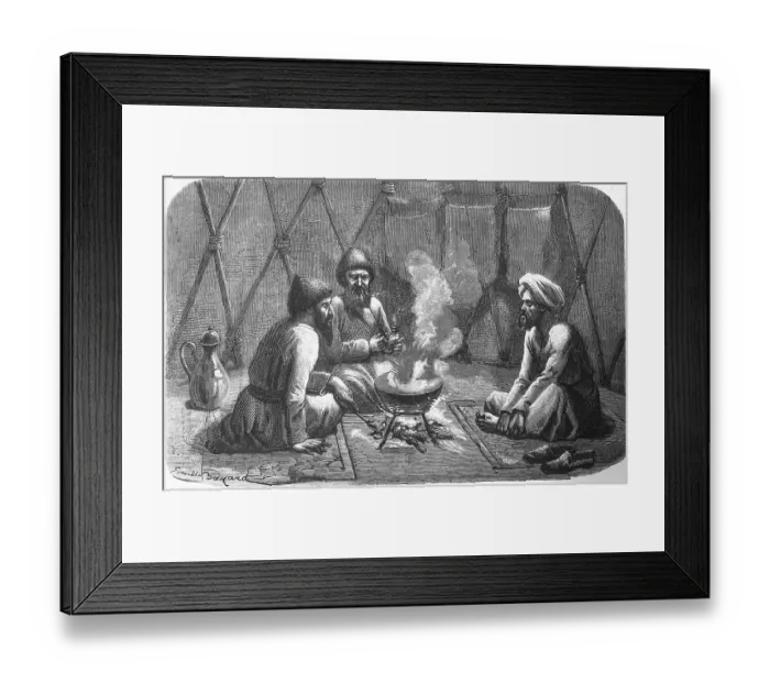 Framed Print : Group of the Central Asian Turkic people, Turkmen sitting in a tent, three native men with full beards, open fire for warmth, carpet, smoking pipe, robe, shoes, cap, pot, travelling in Asia, Central Asia, historical illustration 1887