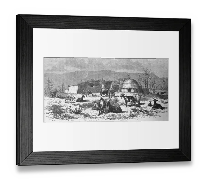 Framed Print : Winter camp of the Kyrgyz, nomads of the steppe, herd of goats, round hut, trees, grass, mountains, travelling in Asia, Central Asia, Kyrgyzstan, historical illustration 1887, Asia