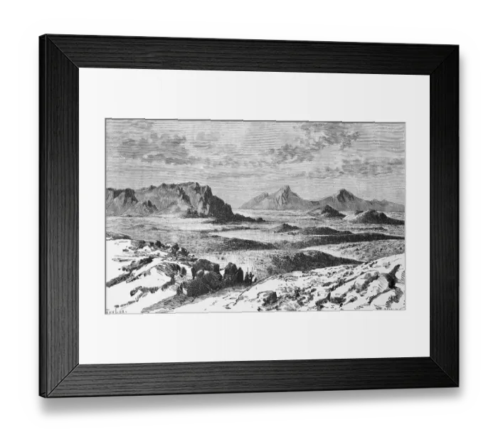 Framed Print : Mountain landscape of the Gobi Desert, arid region in Central Asia, natural area, wasteland, aridity, lack of water, sparse vegetation, travelling in Asia, Mongolia, China, historical illustration 1887, Asia