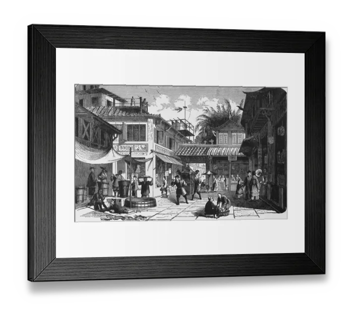Framed Print : Business street in the city centre of Canton or Guangzhou, shops, trade, people carrying, paved square, many people, rickshaw, travelling in Asia, China, historical illustration 1887, Asia Framed Print : Business street in the city centre of Canton or Guangzhou, shops, trade, people carrying, paved square, many people, rickshaw, travelling in Asia, China, historical illustration 1887, Asia