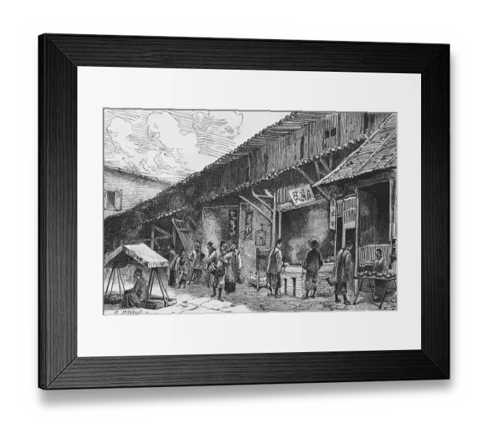 Framed Print : Street scene with stalls in the Chinese province, preparation of food, row of houses selling snacks, people, outdoor table, Chinese characters, travelling in Asia, China, historical illustration 1887, Asia Framed Print : Street scene with stalls in the Chinese province, preparation of food, row of houses selling snacks, people, outdoor table, Chinese characters, travelling in Asia, China, historical illustration 1887, Asia