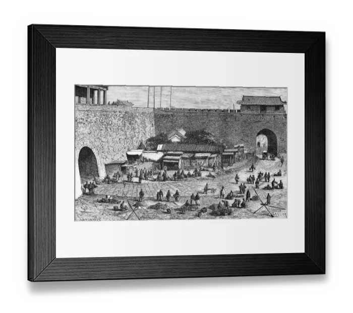 Framed Print : Double Tor tor of the city wall of Peking or Beijing and market place with merchants, stalls, many people, buildings, travelling in Asia, China, historical illustration 1887, Asia