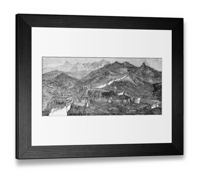 Framed Print : Great Wall of China, border defence system, built in the Ming Dynasty (1368-1644), some sections are UNESCO World Heritage Sites, watchtower, wall battlements, mountain landscape, travelling in Asia, China, historical illustration 1887, Asia