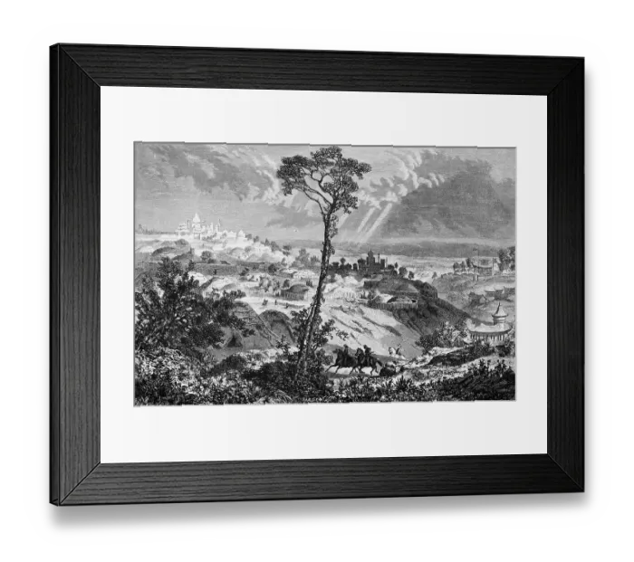 Framed Print : Mountainous landscape around Urga, today's Ulaanbaatar or Ulan Bator, city complex on a slope, capital, temple, round tents, horsemen, travelling in Asia, Mongolia, historical illustration 1887, Asia