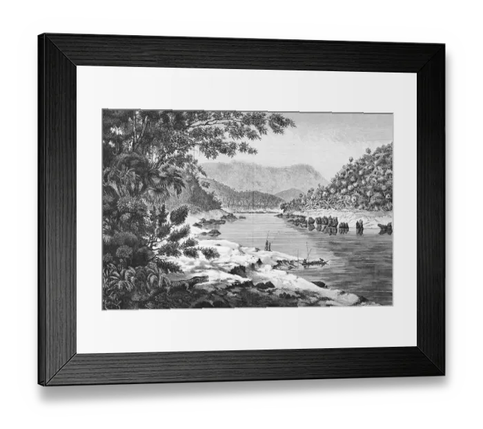 Framed Print : Landscape on the Mekong, river bank, mountain landscape, tropical vegetation, palm trees, crocodile, fruit, locals with boat, travelling in Southeast Asia, historical illustration 1887