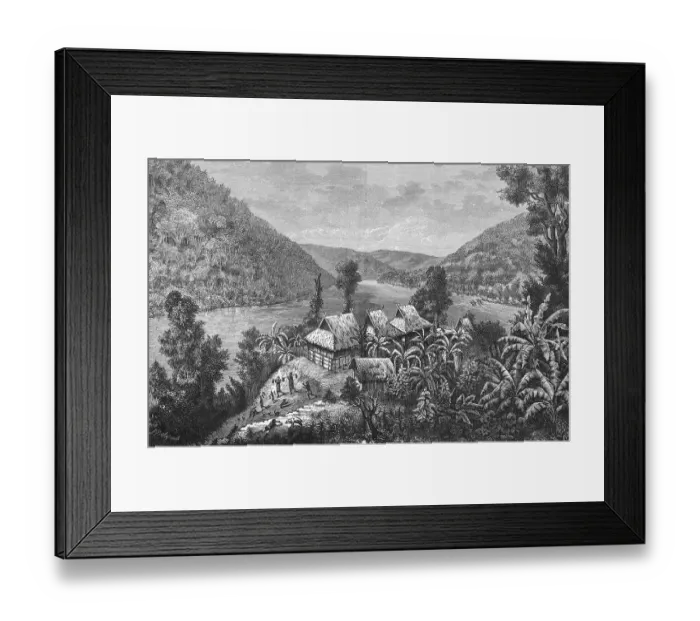 Framed Print : Banana plants in Cambodia, riverside, mountain landscape, plantation, tropical climate, workers, thatched houses, travelling in Southeast Asia, historical illustration 1887