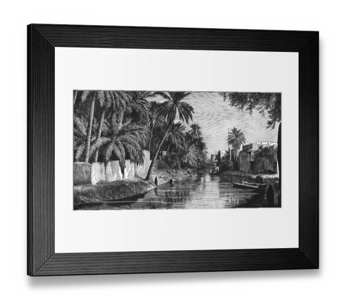 Framed Print : Wide canal near Baghdad, oasis, palm garden, buildings, boats, travelling in Asia, Iraq, historical illustration 1887, Asia