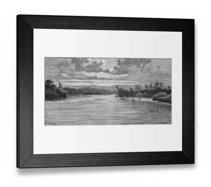 Framed Print : Mouth of the Jordan into the Dead Sea, border river, salinisation, high salt content, forest, mountains, travelling in Asia, historical illustration 1887
