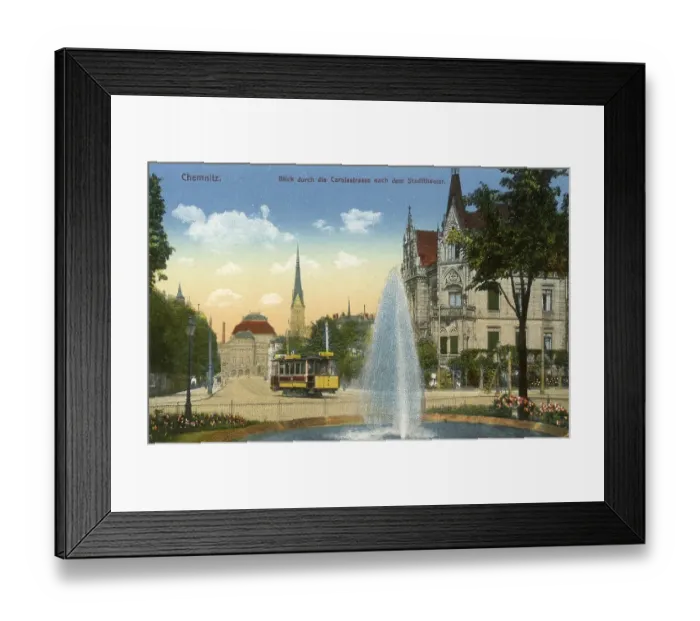 Framed Print : View through Carolastrasse and tramway to the municipal theatre, 1912, Chemnitz, Saxony, Germany, digitally enhanced reproduction from a historical original, c. 1900, public domain, Europe