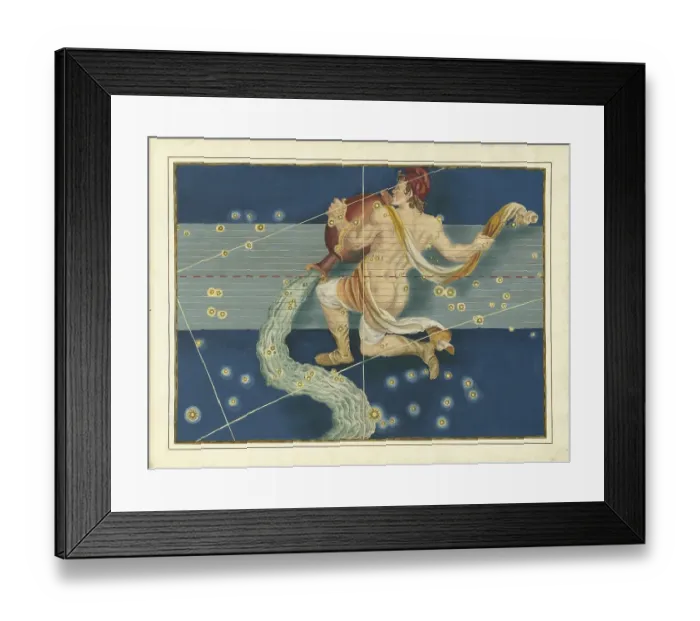 Framed Print : Astronomy. The celestial atlas, the Uranometria, Ptolemaic constellations, by Johann Bayer (1572 - 7 March 1625), German astronomer, Aquarius, Aquarius, constellation of the ecliptic, digitally enhanced reproduction of a historical model