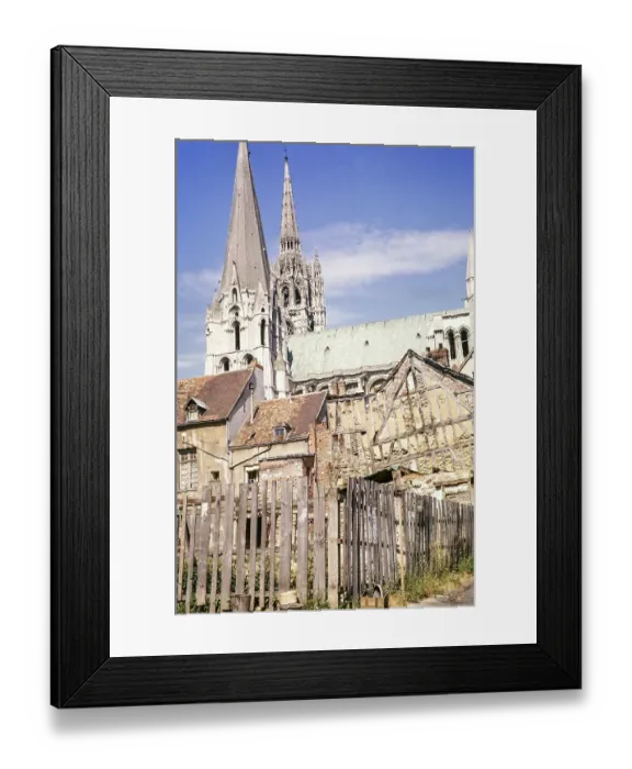 Framed Print : Historic buildings and cathedral church in Chartres, France 1964
