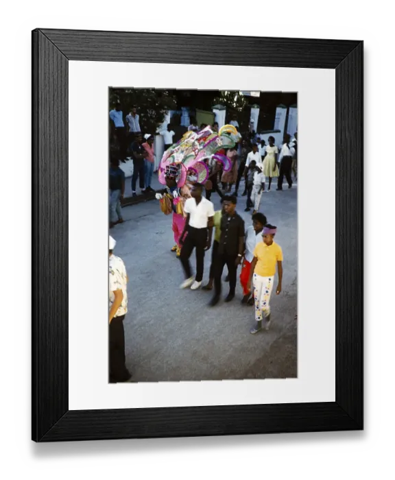 Framed Print : People in colourful costumes at the carnival parade in Port of Spain, Trinidad 1963 with the title Freedom of the Road march Framed Print : People in colourful costumes at the carnival parade in Port of Spain, Trinidad 1963 with the title Freedom of the Road march