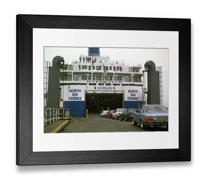 Framed Print : Cars embarking on the ship Norsun Ferry, North Sea Ferries, harbour of Rotterdam, Netherlands, around 1987 Framed Print : Cars embarking on the ship Norsun Ferry, North Sea Ferries, harbour of Rotterdam, Netherlands, around 1987