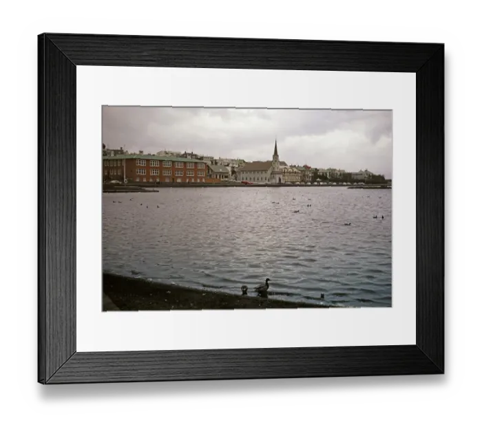 Framed Print : Historic buildings around Frikirkja Church, Lake Tjornin, Reykjavik, Iceland 1972