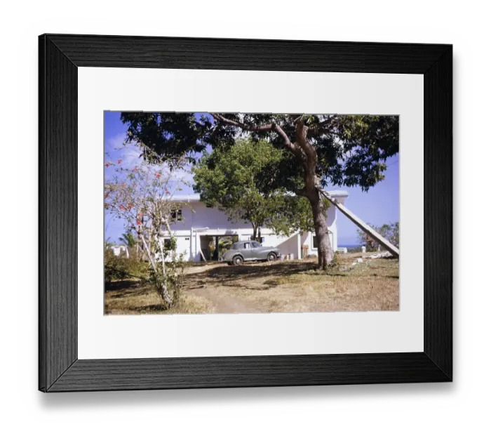 Framed Print : Morris Minor car parked outside coastal home, Balandra, Trinidad early 1960s Framed Print : Morris Minor car parked outside coastal home, Balandra, Trinidad early 1960s