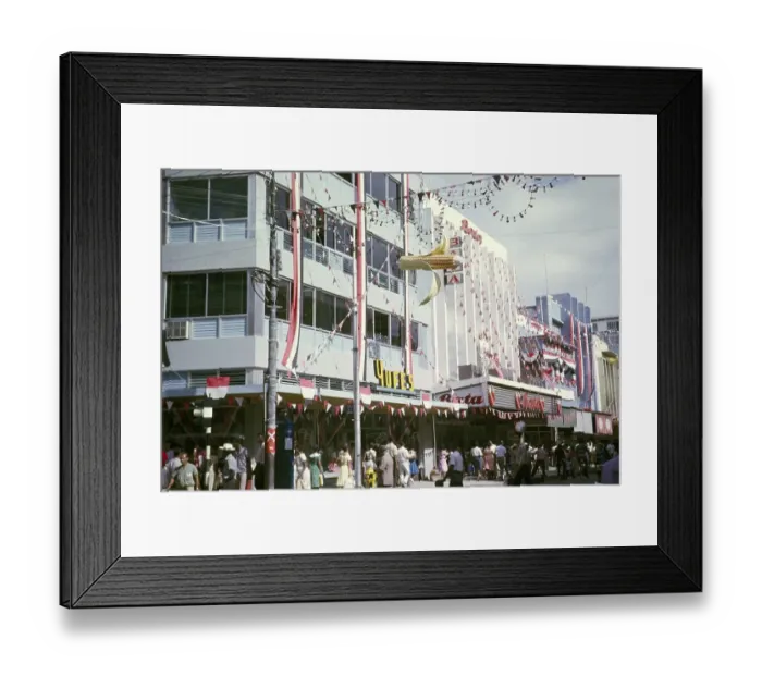 Framed Print : Shops decorated to celebrate independence Yufe's and Bata, Frederick Street, Port of Spain, Trinidad, 1962