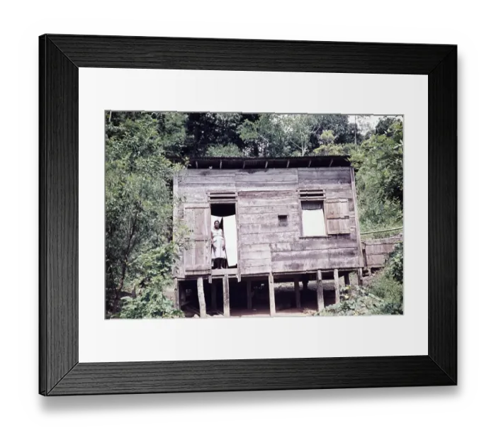 Framed Print : Wooden hut on cocoa farm with woman standing in doorway, Trinidad and Tobago 1961-1963