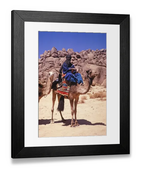 Framed Print : Taureg man riding camel leading camel train, Tassili N'Ajjer National Park, Sahara desert, Algeria, north Africa 1973, Africa