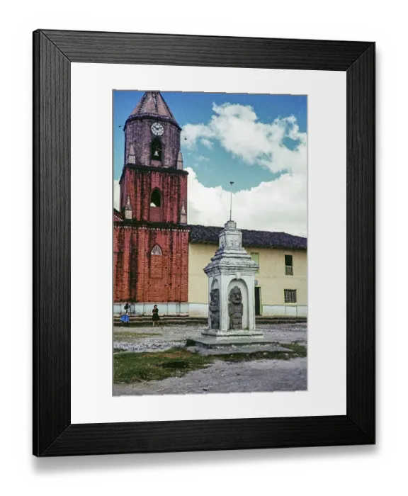 Framed Print : Stone megalithic statues in the town's church square, San Agustin, Colombia, South America 1961, South America