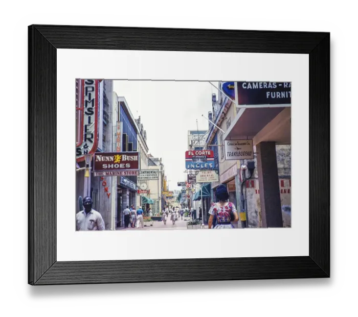 Framed Print : Street with shops and signs in the main shopping area, Willemstad, Curacao, Dutch Caribbean, early 1960s, South America Framed Print : Street with shops and signs in the main shopping area, Willemstad, Curacao, Dutch Caribbean, early 1960s, South America