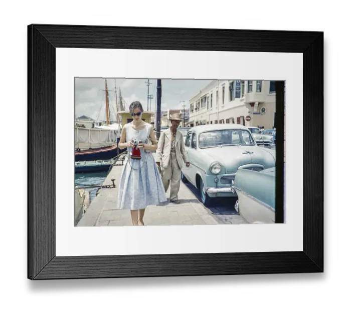 Framed Print : Tourist taking photographs in the fishing harbour, Willemstad, Curacao, Dutch Caribbean, early 1960s, South America
