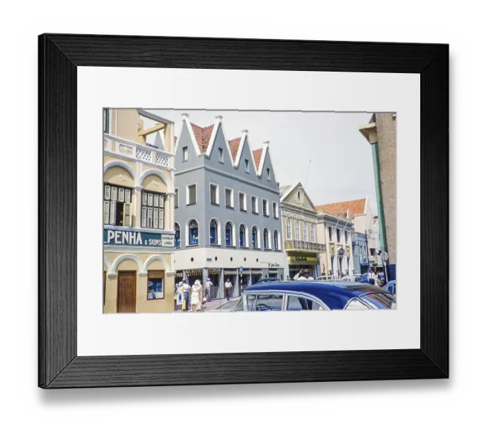 Framed Print : Historic buildings in the main shopping street, Willemstad, Curacao, Dutch Caribbean, early 1960s, South America