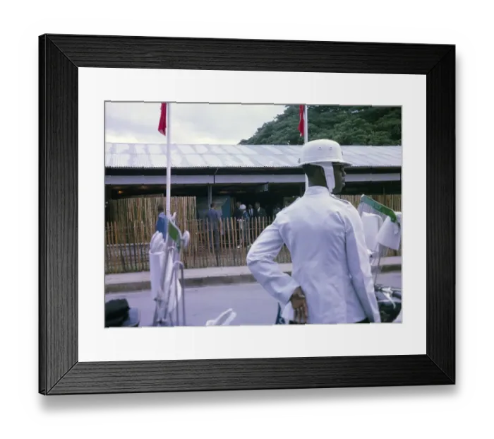 Framed Print : Princess Royal attending independence event in Port of Spain, Trinidad 1962 with motorcycle security official in foreground