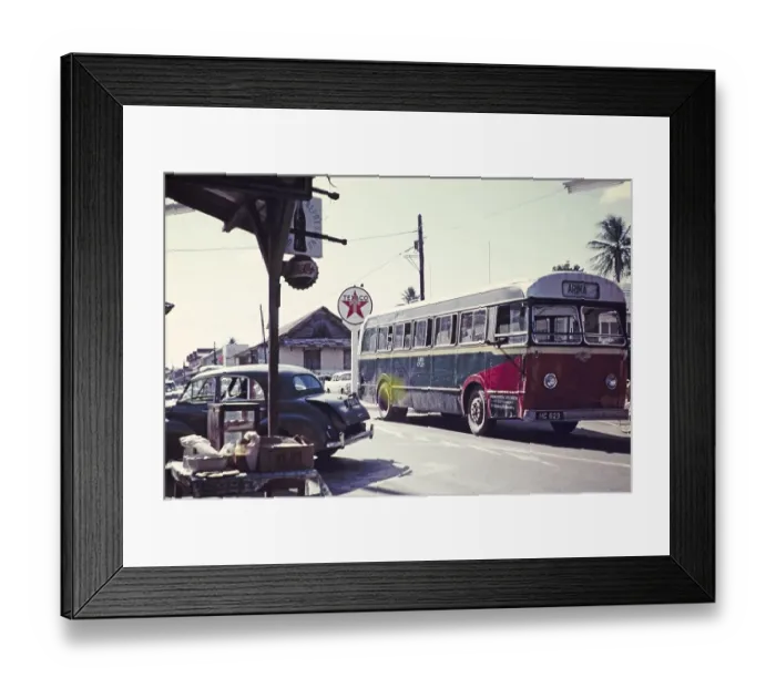 Framed Print : Single-decker country bus at a crossroads in the village of Arima, Trinidad, around 1962 Framed Print : Single-decker country bus at a crossroads in the village of Arima, Trinidad, around 1962