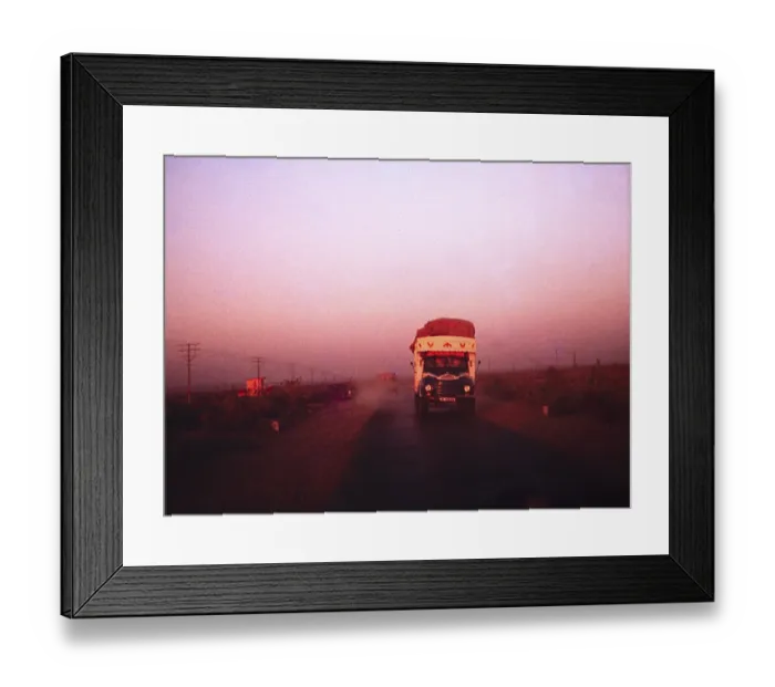 Framed Print : Road traffic big heavy good vehicle lorry truck evening at dusk, National Highway near Karachi, Pakistan 1962