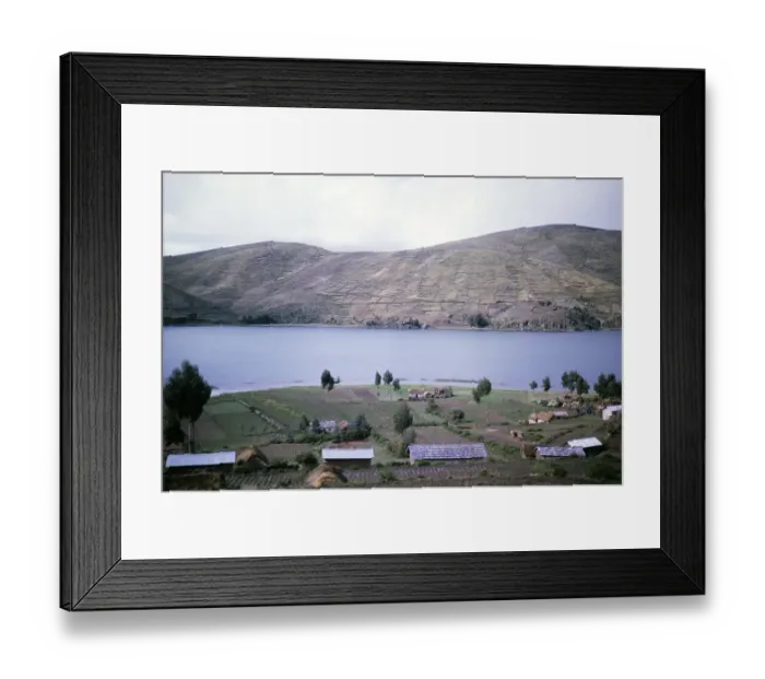 Framed Print : Landscape view of agriculture and houses on the shore of Lake Titicaca, Strait of Tiquina, Bolivia, South America, 1962, South America Framed Print : Landscape view of agriculture and houses on the shore of Lake Titicaca, Strait of Tiquina, Bolivia, South America, 1962, South America