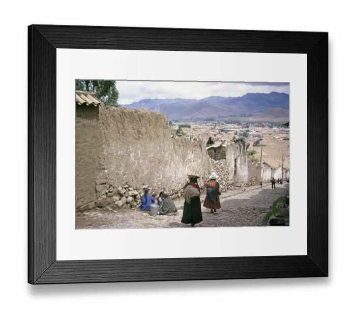 Framed Print : Indigenous women walking down a steep cobblestone street, Cuzco, Peru, South America 1962, South America