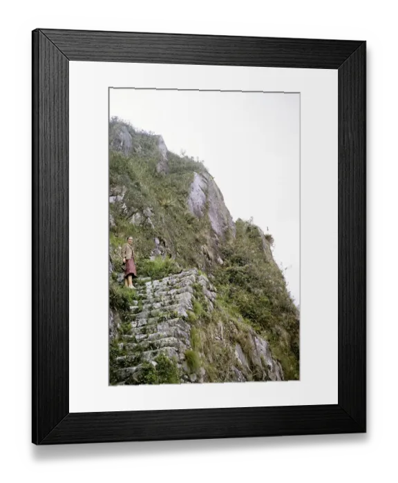 Framed Print : Female tourist on the steep mountain path Huayna Picchu, Machu Picchu, Peru, South America around 1962, South America