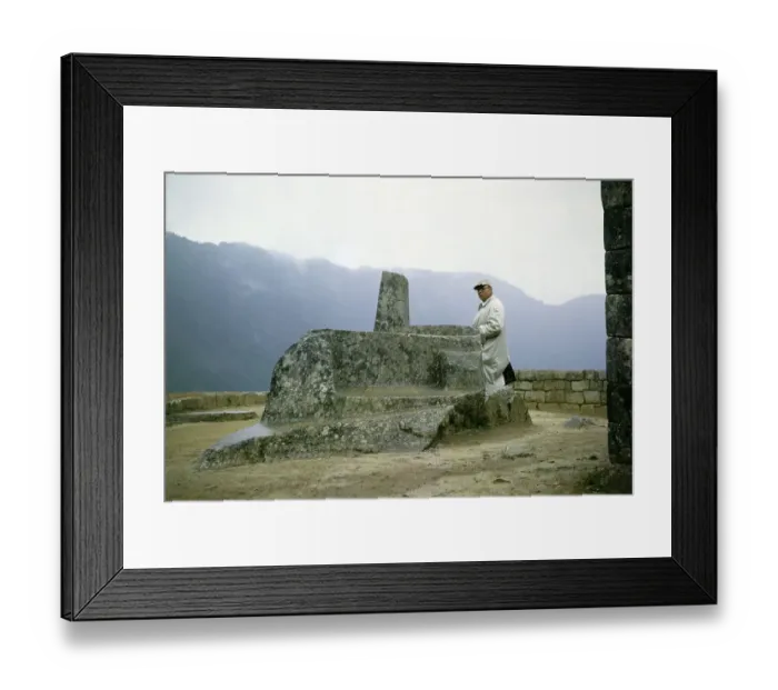 Framed Print : Male tourist at the Intihuatana sundial stone, Machu Picchu, Peru, South America, around 1962, South America Framed Print : Male tourist at the Intihuatana sundial stone, Machu Picchu, Peru, South America, around 1962, South America