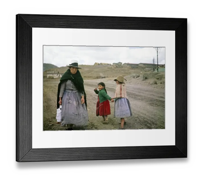 Framed Print : Mining in Cerro de Pasco, Peru, South America, ca. 1962 Woman with two children brings packed lunch to miner, South America Framed Print : Mining in Cerro de Pasco, Peru, South America, ca. 1962 Woman with two children brings packed lunch to miner, South America