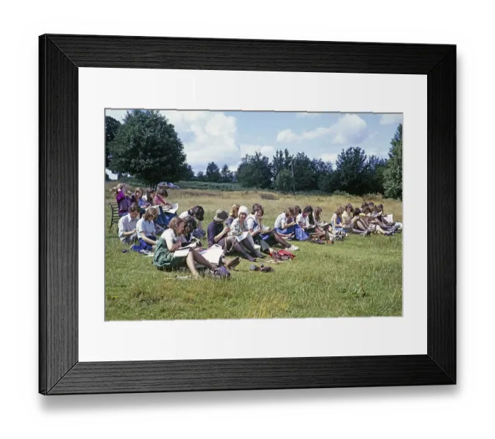 Framed Print : Secondary school girls doing fieldwork in geography, Great Britain 1970s Girls doing fieldwork, making observational sketches and notes 1975