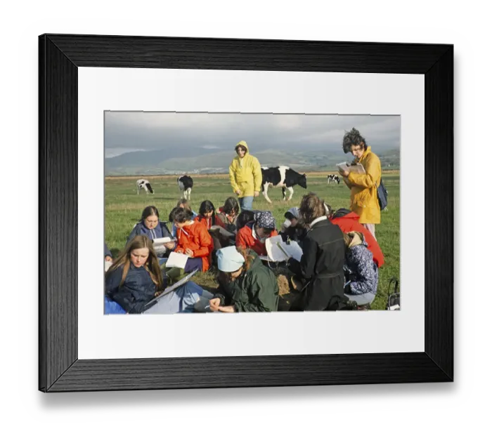 Framed Print : Secondary school girls doing fieldwork in geography, United Kingdom 1970s Girls doing fieldwork Observational survey on land use in the field 1977