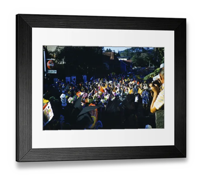 Framed Print : People in colourful costumes at the carnival parade, Port of Spain, Trinidad 1963 with the title Bats and Clowns
