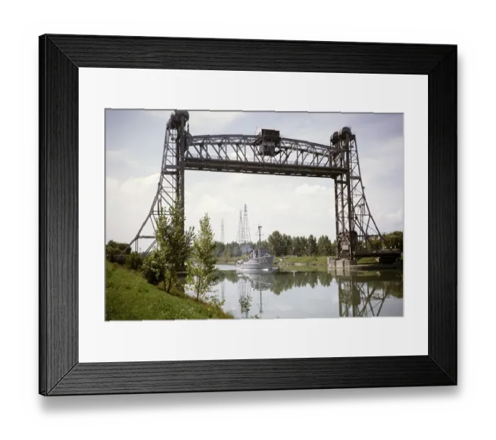 Framed Print : US Navy boat passing under the vertical lift drawbridge, Welland Canal, Saint Lawrence Seaway, Great Lakes, Ontario, Canada, North America 1963, North America