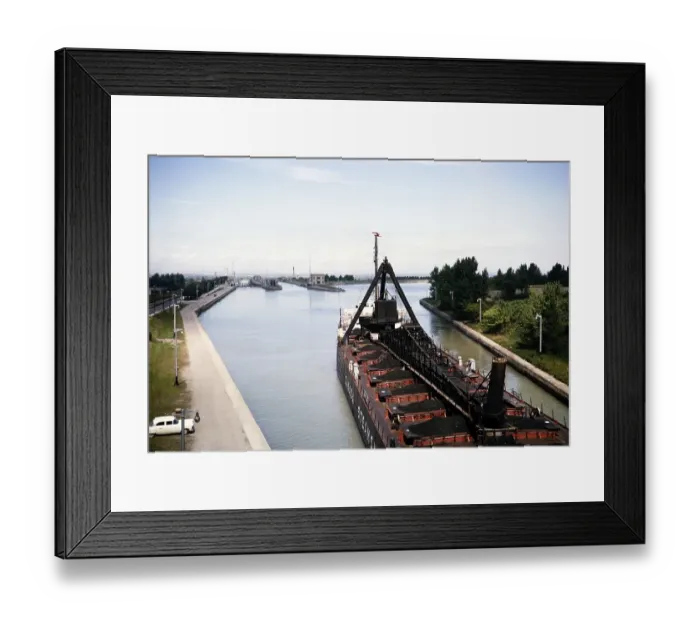 Framed Print : Bulk carrier Midland Prince cargo ship (1907-1968) in lock of Welland canal, St Lawrence seaway, Great Lakes, Ontario, Canada, North America 1963, North America
