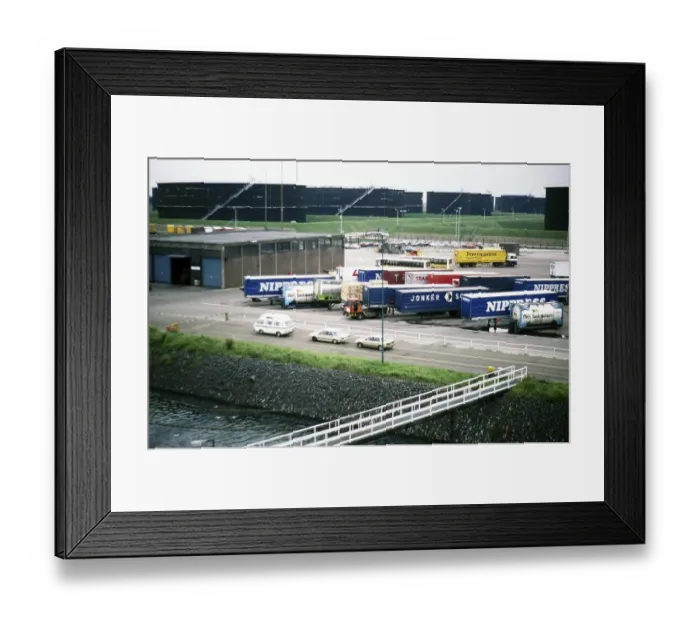 Framed Print : Oil storage tanks and vehicle freight containers on the quay, harbour of Rotterdam, Netherlands, around 1987