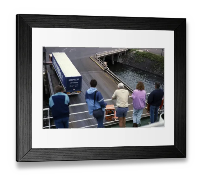 Framed Print : Passengers watching cargo being loaded onto the ferry Norsun, North Sea Ferries, harbour of Rotterdam, Netherlands, around 1987 Framed Print : Passengers watching cargo being loaded onto the ferry Norsun, North Sea Ferries, harbour of Rotterdam, Netherlands, around 1987