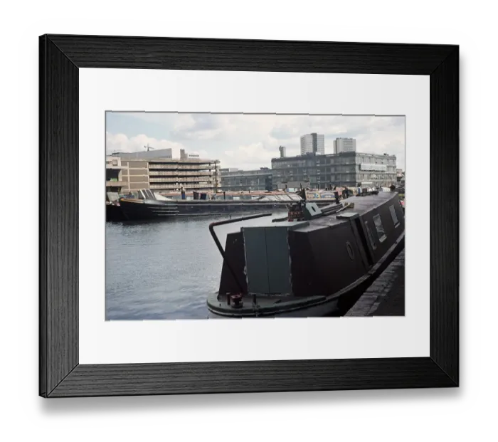 Framed Print : Narrow boats in the town centre, Birmingha, West Midland, England, UK 1977 Framed Print : Narrow boats in the town centre, Birmingha, West Midland, England, UK 1977