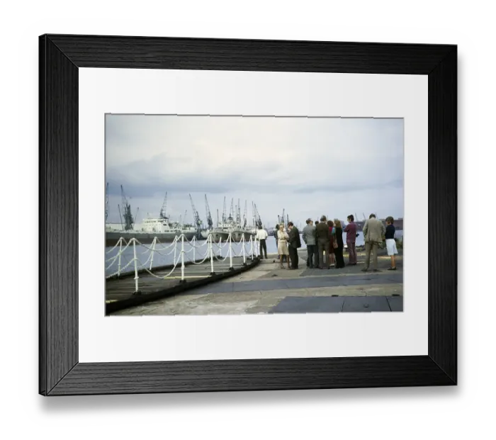 Framed Print : Harbour activity visiting ships in dock, Cardiff Docks, Glamorgan, South Wales, UK 1972 group of people