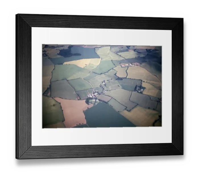 Framed Print : Oblique aerial view of fields, farms and landscapes labelled East end of Chilterns England, UK around 1970