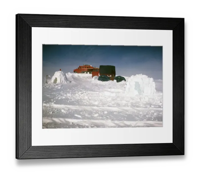 Framed Print : Tents, igloos, vehicles, Gudmundur Jonasson Reisegesellschaft Abenteuer Arktis expedition to the frozen Vatnajokull ice cap, Iceland, 1972, Europe