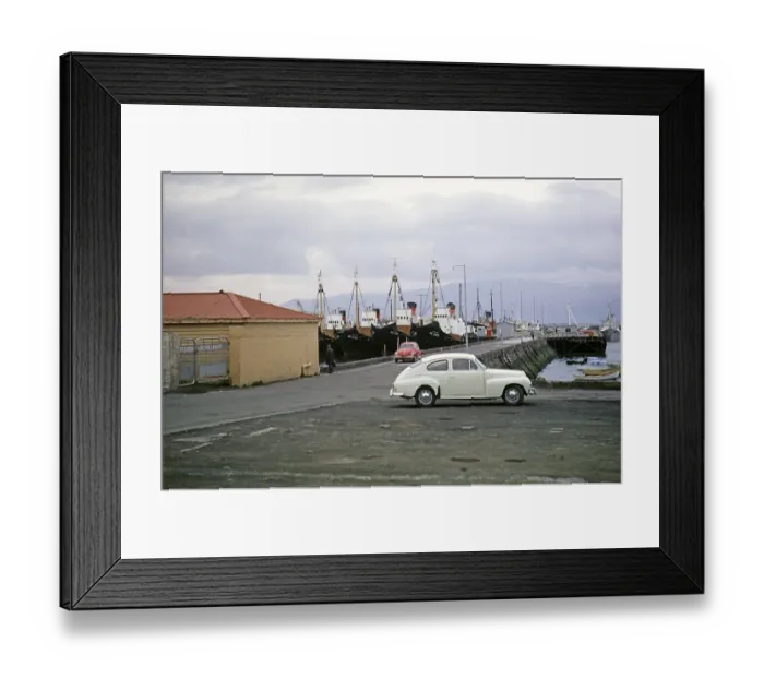 Framed Print : Volvo PV544 and VW Beetle, fishing trawler harbour, Reykjavik, Iceland 1972