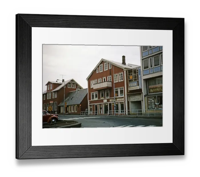 Framed Print : Shops with historic buildings in the city centre, Reykjavik, Iceland 1972