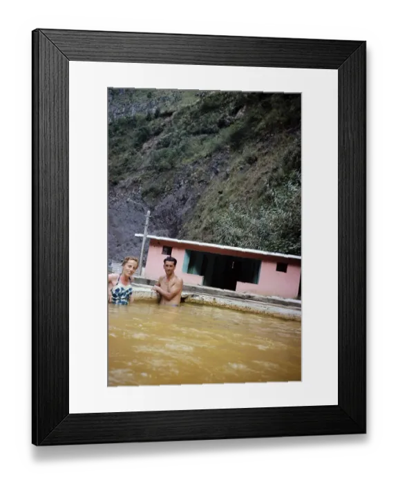 Framed Print : Man and woman standing in a hot Suphur bath, thermal mineral baths, Banos de Agua Santa, Tungurahua province, Ecuador, South America 1962, South America