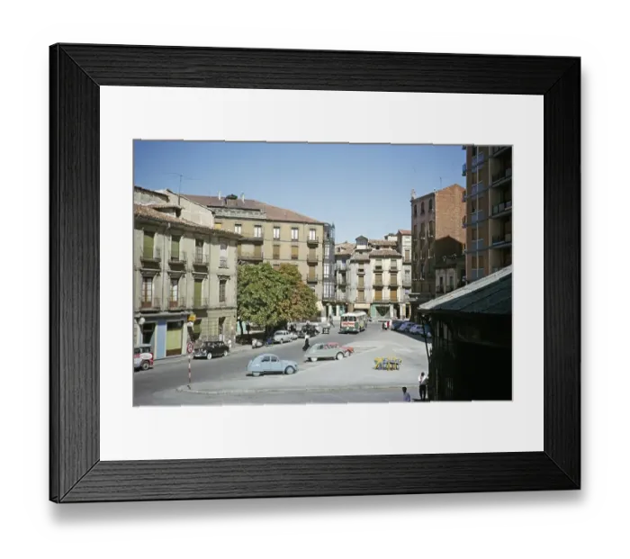 Framed Print : Bus and cars in the market square, Valladolid, Castile and Leon, Spain, 1964, Europe