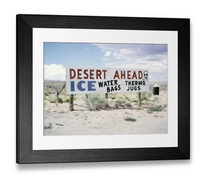 Framed Print : Sign warning of the desert, advert for ice, water bags, thermos flasks, USA 1963